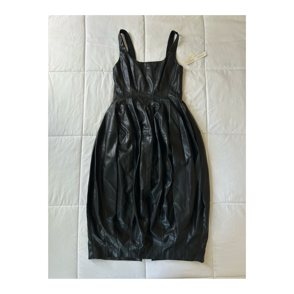By Anthropologie Sleeveless Square-Neck Black Faux-Leather Structured Midi Dress